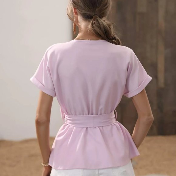 Lilac Batwing Surplice Belted Blouse - Picture 6 of 7